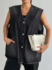 Dazy Star 女士休闲宽松牛仔背心，单排扣设计，春秋 - 灰色 - 查看 6