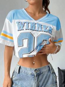 StreetHx 1pc Fashionable Contrast Color Cropped Ribbed Sporty Casual T-Shirt Graphic Tees Women Tops - Blue - View 4