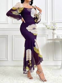 Modelyn Váy dạ hội dài tay họa tiết hoa thanh lịch cho nữ, váy dạ hội dài màu tím - Màu tím - Xem 6