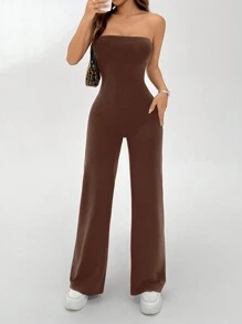 SHEIN EZwear 女士纯色露肩喇叭连体裤