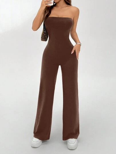 SHEIN EZwear 女士纯色露肩喇叭连体裤