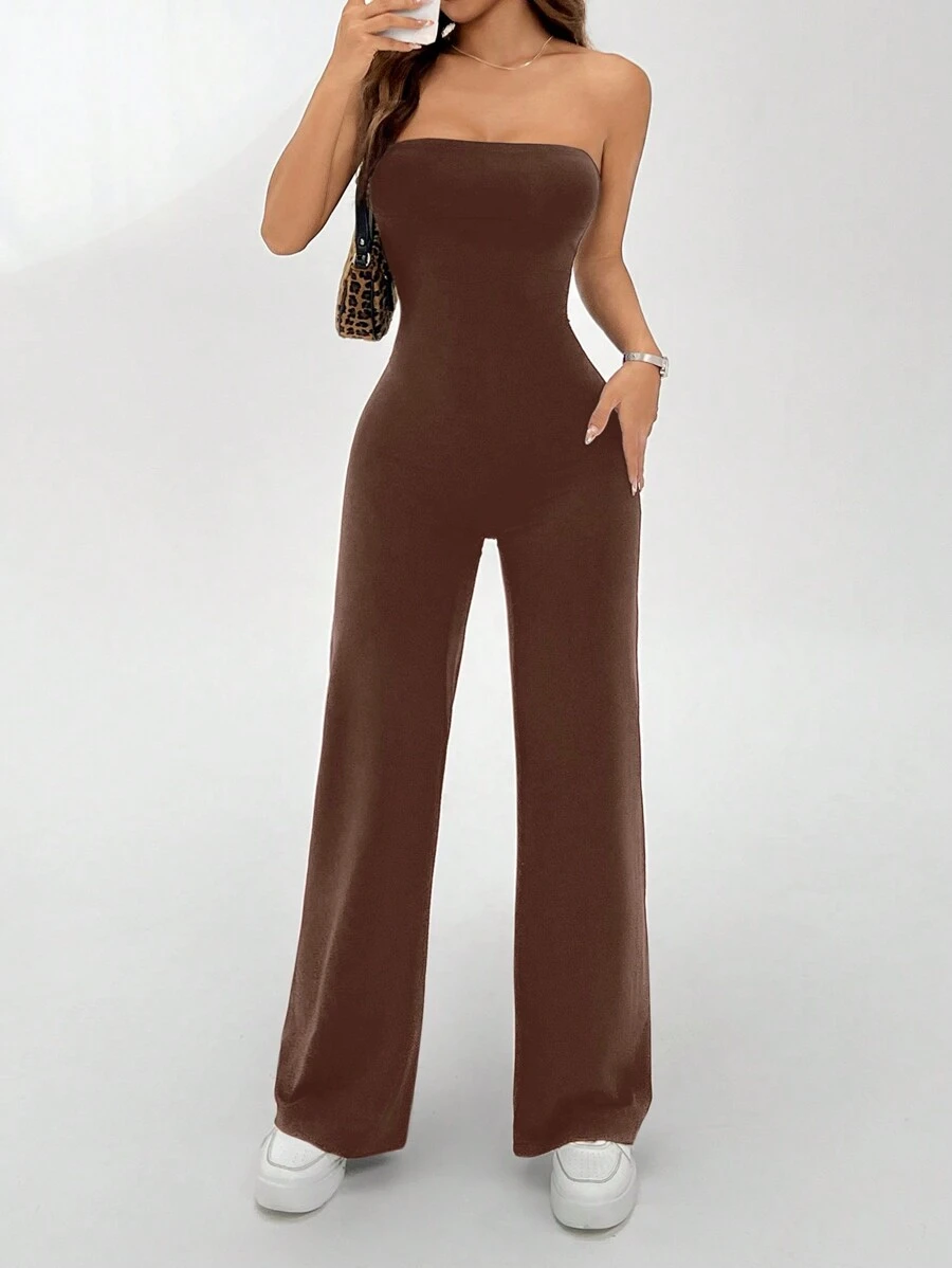 SHEIN EZwear 女士纯色露肩喇叭连体裤