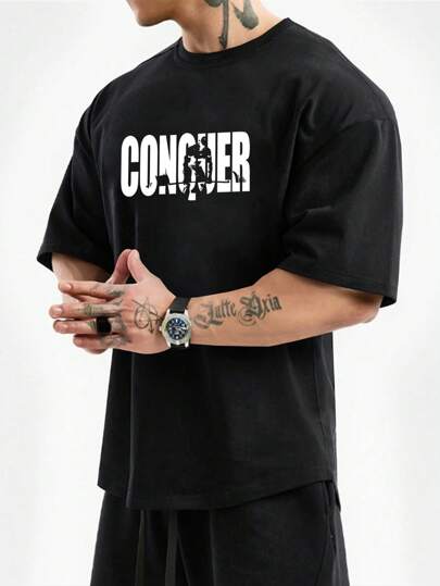 Manfinity Sport PWRUP Boyfriend Style Men's Contrast Color Letter Print Crew Neck Short Sleeve Sports T-Shirt