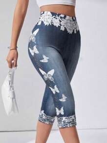 SHEIN LUNE 女士花卉和蝴蝶印花牛仔效果 3/4 休闲紧身裤 - 彩色 - 查看 5