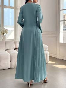 Al Najma 女士优雅丝带拼布喇叭袖长款波西米亚连衣裙，优雅风格，适合日常休闲/工作/假日/晚会/婚礼宾客，朴素长袖长款阿拉伯连衣裙 - 薄荷綠 - 查看 6