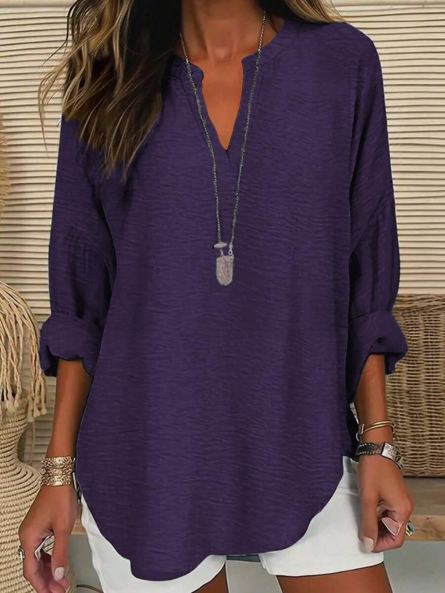 EMERY ROSE 大码女式纯色简约休闲长袖衬衫 - 紫色 - 查看 1