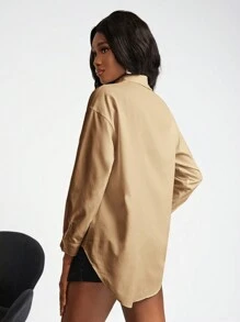 SHEINNeu Camisa casual de manga larga de unicolor para mujer, primavera y otoño - Caqui - Ver 2