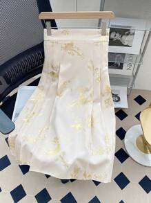SHEIN Unity Plus Size Elegant Gold Foil Printed Pleated Skirt, Spring/Summer - Apricot - View 2