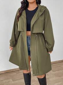 Flirla Áo khoác dài tay đơn giản màu trơn cỡ lớn cho nữ - xanh quân đội - Xem 4