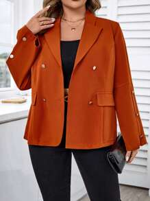 SHEIN Unity Blazer casual à manches longues simple et basique pour femmes en grande taille, pour un port quotidien - Camel - Voir 4