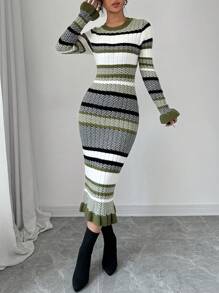 Selianne Váy len dệt kim dài tay cổ tròn màu tương phản dành cho nữ - màu xanh lá - Xem 6