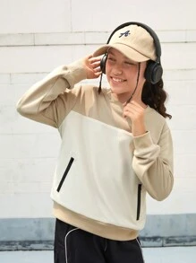 SHEIN Tween Girls Outdoor Sports Hiking Camping Picnic Boating Mountaineering Gray Patchwork Zipper Pocket Warm Comfortable Casual Pullover Sweatshirt For Fall Winter