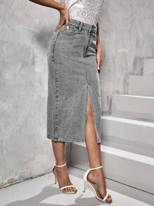 SHEIN Essnce Front Button Pocket Simple Split Denim Skirt, Casual Daily Wear - Light Grey - View 4