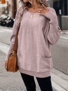 EMERY ROSE Fashionable Casual Versatile Loose Batwing Sleeve Scoop Neck Pullover Sweater For Women, Autumn/Winter - Dusty Pink - View 4