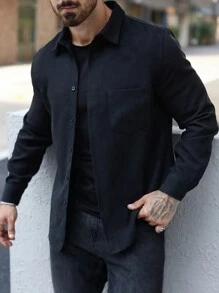 Manfinity Homme Men's Casual Solid Color Shacket, Spring & Autumn - Black - View 4