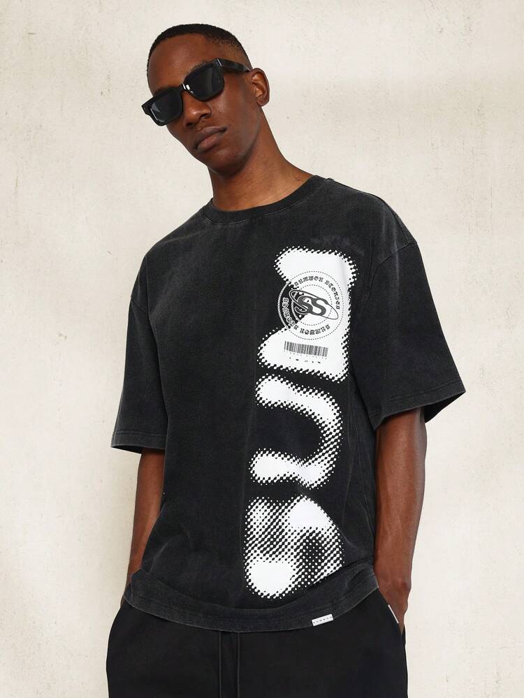 Washed Tee With Discharge Graphic Print