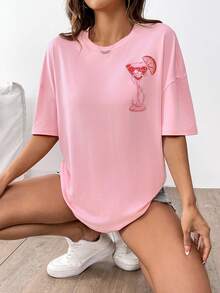 Breezaya 女式夏季标语饮料印花宽松休闲圆领落肩 T 恤 - 粉色 - 查看 6