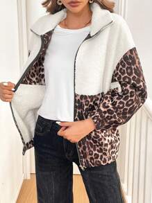 Chiquease Leopard Print Mixed Fluffy Jacket Fall Cloth For Women - Coffee Brown - View 4