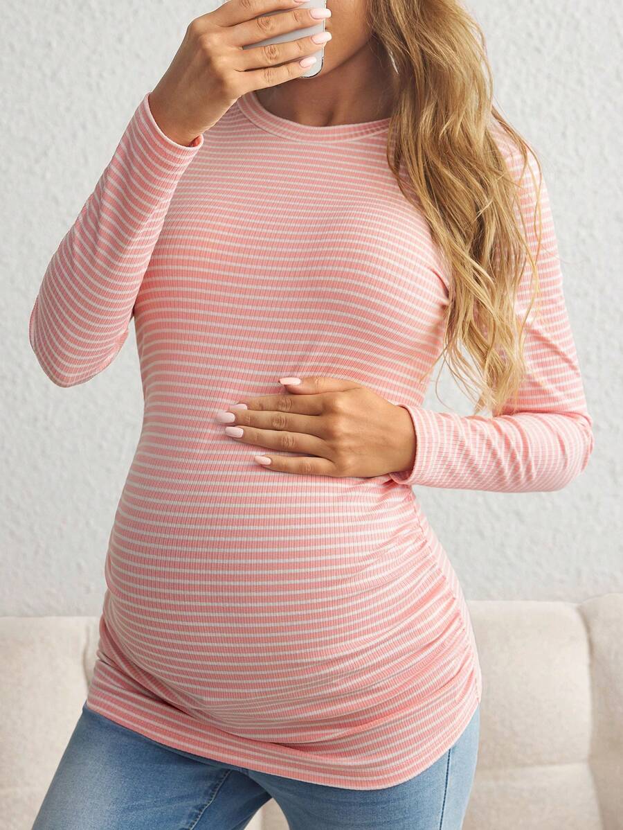 SHEIN Maternity Spring & Fall Casual Striped Ruched Slim Fit Long Sleeve T-Shirt