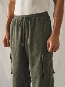 Manfinity RebelGame 男士休闲宽松直筒弹力腰编织纯色长裤 - 軍綠色 - 查看 5