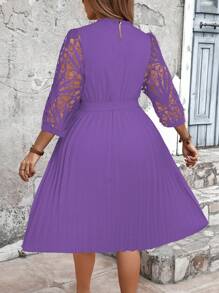 Cravure Plus Size Women Contrast Lace 3/4 Sleeve Elegant Ruffle Hem Dress Wedding