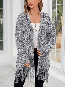EMERY ROSE Woman Long Sleeve Floral Cardigan With Fringe Hem - Black and White - View 3
