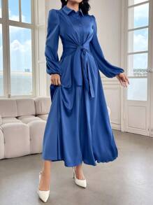 Mulvari Damen Kleid mit Hemdkragen, durchgehender Knopfleiste, Langarm, Lässig-Stil Einfarbig - Taubenblau - Übersicht 5