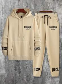 Manfinity Homme Bộ đồ nam 2 món gồm áo hoodie và quần nỉ giữ nhiệt in chữ, thích hợp cho mùa thu đông, bộ đồ nam giữ nhiệt phong cách đường phố. - Màu Khaki - Xem 4