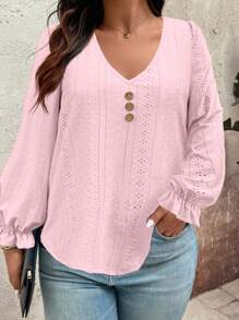 SHEIN LUNE Camiseta casual de unicolor con bordado y calado para mujeres de talla grande de primavera y otoño - Rosa - Ver 3