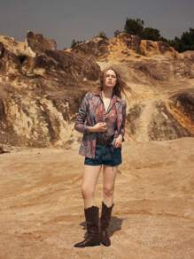 Maija 女式红色花卉印花翻领垫肩长袖前口袋时尚百搭度假风格西装外套，早春