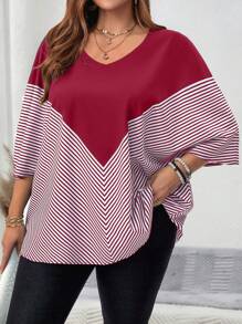EMERY ROSE Áo sơ mi tay cánh dơi kẻ sọc màu sắc thường ngày mùa hè cỡ lớn dành cho nữ - Màu Đỏ Sâu - Xem 1