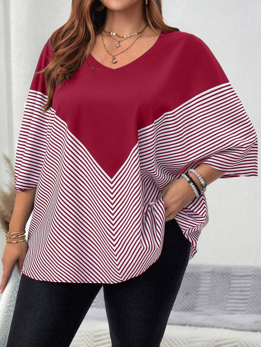 EMERY ROSE Áo sơ mi tay cánh dơi kẻ sọc màu sắc thường ngày mùa hè cỡ lớn dành cho nữ - Màu Đỏ Sâu - Xem 1