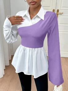 SHEIN Privé Áo sơ mi dài tay màu tương phản đen trắng thoải mái thường ngày cỡ lớn dành cho nữ có viền rộng - Màu tím - Xem 4