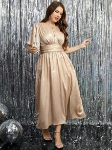 SHEIN Clasi Plus Size Rave Festival Outfits  Elegant Golden Cloth Dress, Ruffled Sleeves, V-Neck High Side Slit, Flared Hem Fall Wedding Guest Dress - Multicolor - View 4