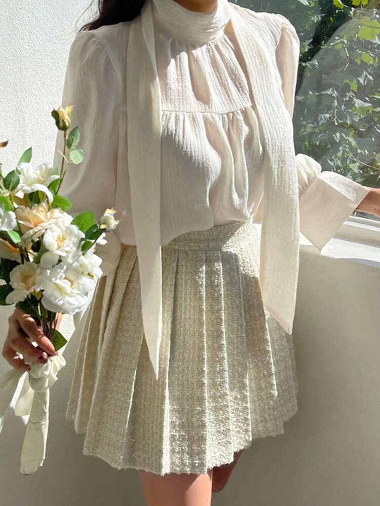 Women's Solid Color Ruffle Collar Puff Sleeve Blouse Turtleneck Women Long Sleeve Top