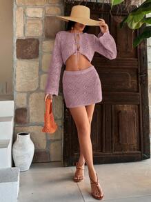 RueChic Hollow Out Cover Up Set, For Summer Beach Vacation - Pink - View 4