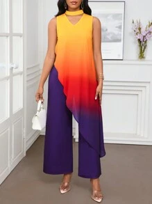 SHEIN Lady 女士彩色渐变色挂脖阔腿连体裤 - 彩色 - 查看 3