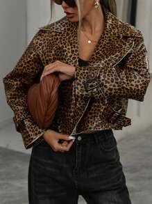 Aveloria Slim Fit Biker Style Random Leopard Print PU Leather Jacket - Black - View 6