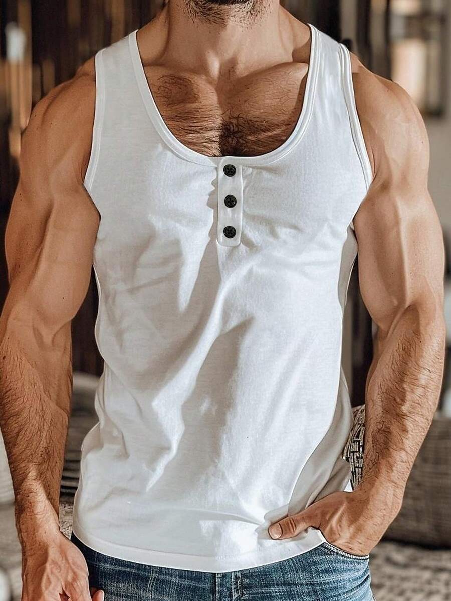 Manfinity RelaxMax 男士纯色纽扣门襟圆领休闲背心，夏季 - 白色 - 查看 1