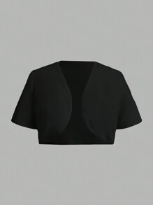 SHEIN EZwear 大码女式短袖白色开衫 - 黑色 - 查看 2