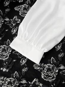 SHEIN MOD Plus Size Vintage Black & White Bow Decor Jacquard Splice Dress For Fall & Winter - Black and White - View 4