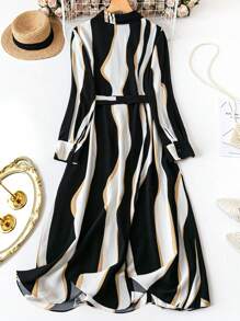 SHEIN LUNE 大码女式夏季波浪条纹长袖休闲衬衫裙长款女装 - 彩色 - 查看 2