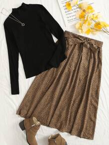 Mulvari Rib-Knit Tee & Leopard Tie Front Skirt Set
