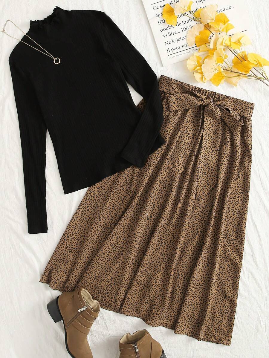 Mulvari Rib-Knit Tee & Leopard Tie Front Skirt Set
