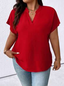 SHEIN CURVE+ Plus Size Women's Solid Color Minimalist Casual Short Sleeve Shirt For New Year Clothes - Red - View 4