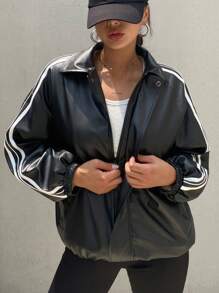 DAZY 女士宽松长袖 PU 领拼布丝带夹克，秋季女装 - 黑色 - 查看 4