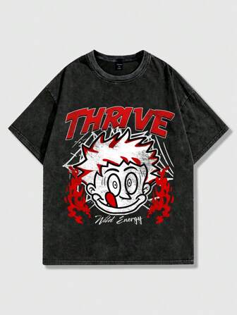 Street Life Camiseta de manga corta para hombre con estampado de retrato de graffiti y lavado vintage, estilo urbano