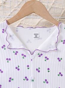 SHEIN 2pcs Set Tween Girl Cherry Print Casual Cute Half Zip Long Sleeve Top And Pants Loungewear Set - Purple - View 4