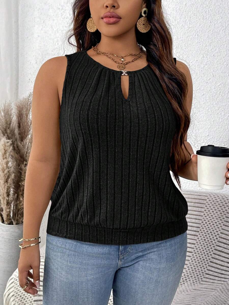 SHEIN LUNE Plus Size Ribbed Gold Buckle Teardrop Sleeveless Tank Top - Black - View 1