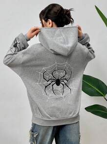 SHEIN Teen Girls Gray Spider Web Print Casual Drawstring Sweatshirt For Fall Winter Everyday Wear - Grey - View 3